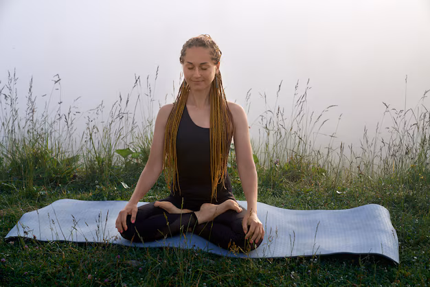 woman meditating peacefully outdoors - Peaceful woman with braids meditating in lotus pose outdoors ...