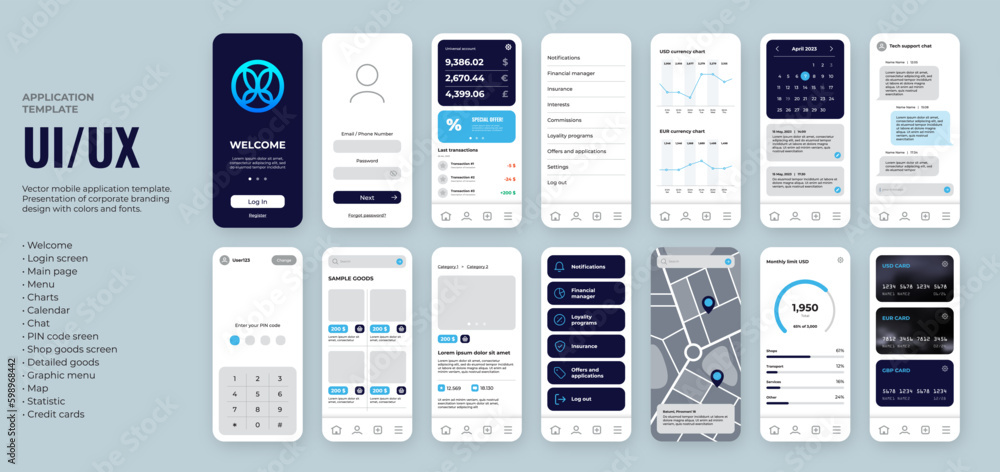 Keywords:
AI chatbot for shopping on smartphone screen - UI UX mobile app template. Blue logo, dark background, round ...