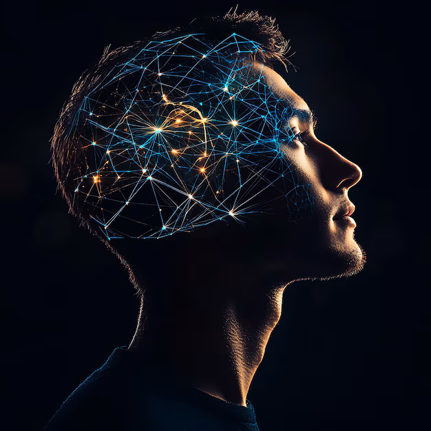 glowing neural network - Silhouette of a man with a glowing neural network inside his head ...