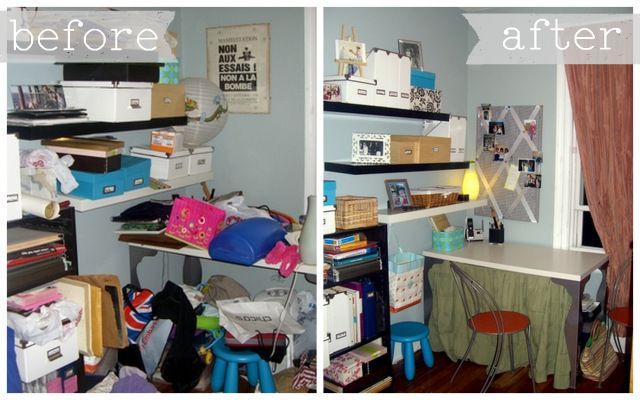 Cluttered room before and after organizing - Before + After