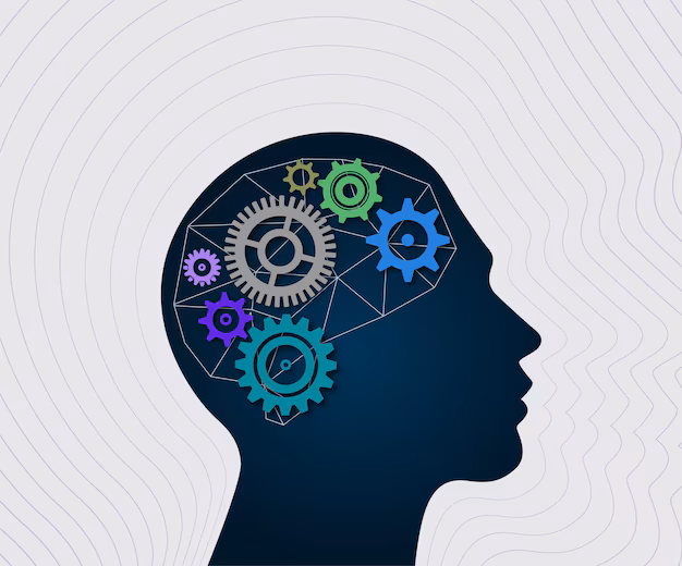 Blueprint of human head with gears - Machine learning and artificial intelligence human head with brain ...