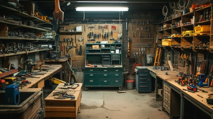Man woodworking in organized garage workshop - Free Organized Workshop Interior Photo - Workshop, Tools ...