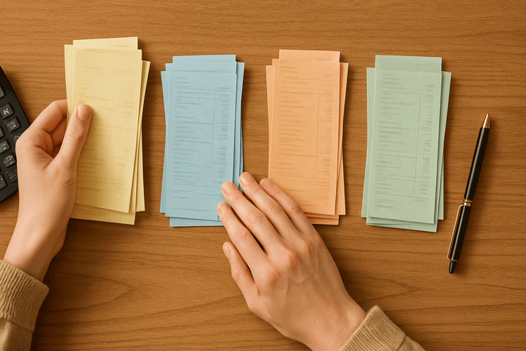 person organizing bills and receipts - How To Stop Overspending | Monefy