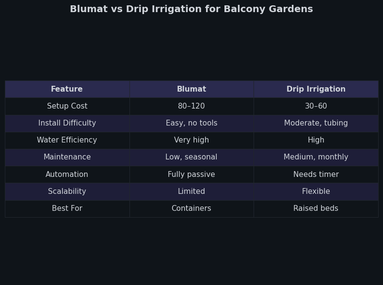 Comparison: Blumat vs Drip Irrigation for Balcony Gardens